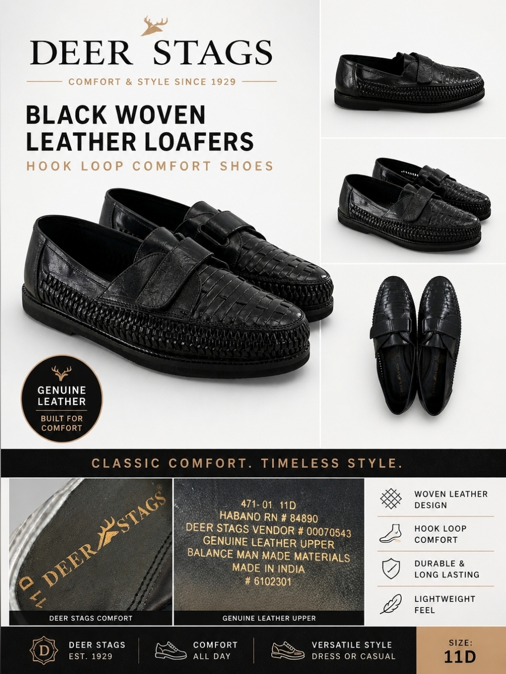 Deer Stags Woven Leather Loafers Black Hook Loop Comfort Shoes 11D